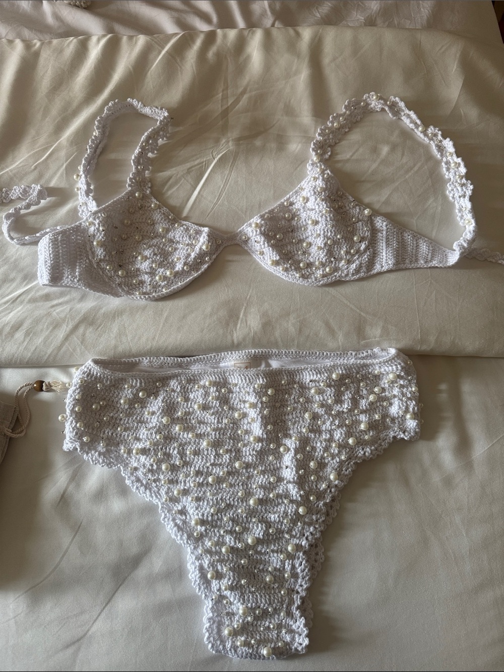 Hand-Crocheted White Pearl-Embellished Bikini Set